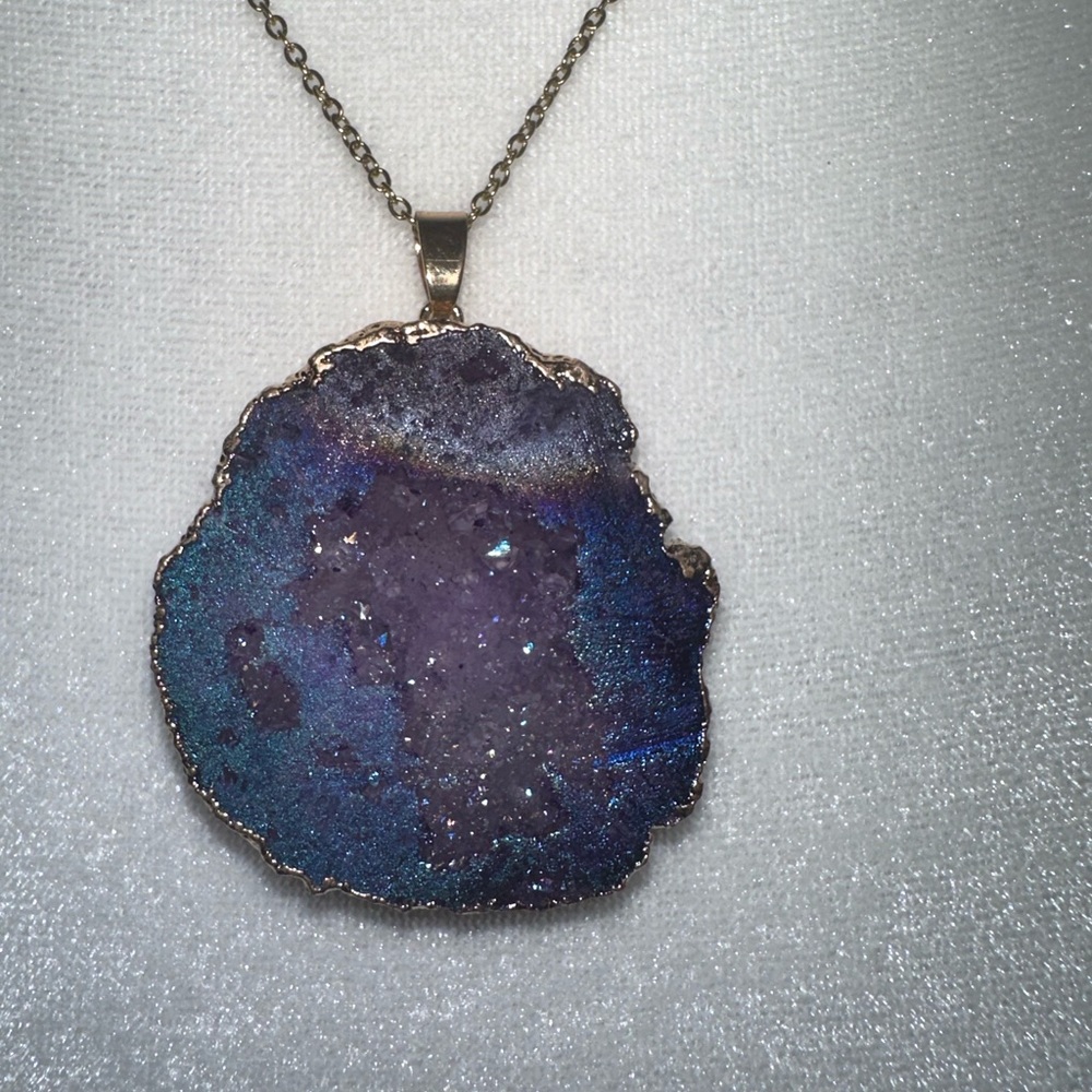Raw Purple Blue Amethyst Crystal Quartz Druzy Pendant Gold plated Necklace